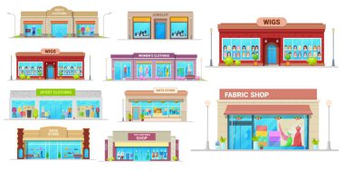 Depolama ve mağaza binaları izole vektör simgeleri. Çizgi film alışveriş merkezlerinin dış görünüşü cam pencereli. Mücevherler, peruklar, spor giysileri ve kumaş, ayakkabılar, üniforma ve şapka mağazası binaları.