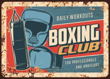 Boxing fight club metal rusty plate, kickboxing or Muay Thai MMA fighting vector retro poster. Boxing glove, punching bag and boxer helmet, amateur and professional martial arts sport club clipart
