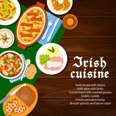 İrlanda mutfağı yemek menüleri, İrlanda kahvaltısı öğünleri, vektör kahvaltı ekmeği kuru üzüm, puding ve güveç. İrlanda mutfağı ve restoran menüsü. Patates püresi ve İrlanda kahvesi ile konserve et.