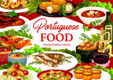 Portekiz gıda vektörü kalamar dolması, morina çorbası ve pasteigi, balık kroket, sardalya, hamur keki ve piri riri tavuğu. Portekiz yemekleri, kiraz likörü, şarap içinde haşlanmış tavuk, sığır güveci posteri.