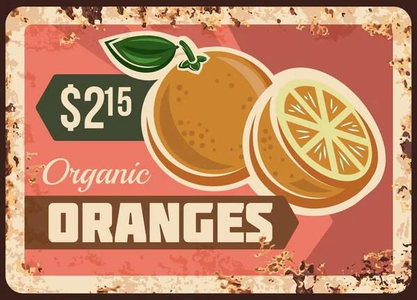 Oranges Rusty Metal Plate Vector Vintage Rust Tin Sign Ripe — Stock Vector