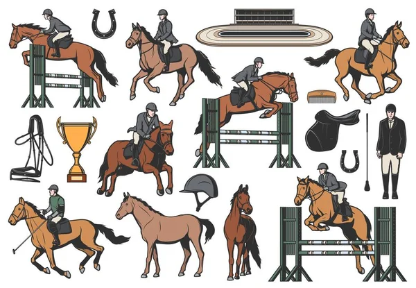 Equestrian Sport Vector Icons Horse Riding Race Equipment Jockeys Hippodrome — Stock Vector