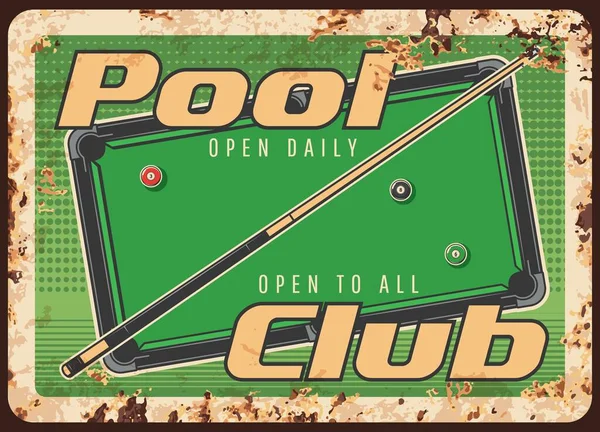 Pool Club Roestige Metalen Plaat Vector Ballen Keu Groene Tafel — Stockvector