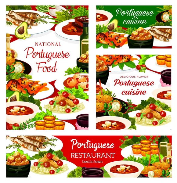 Portugalská Kuchyně Pokrmy Těstoviny Koláče Treska Polévka Pasteigi Rybí Krokety — Stockový vektor