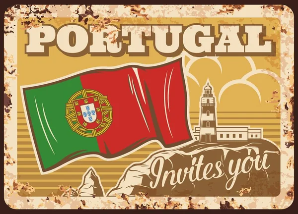 Πορτογαλία Ταξίδια Πορτογαλική Σημαία Μεταλλική Πλάκα Σκουριασμένη Διάνυσμα Ρετρό Αφίσα — Διανυσματικό Αρχείο