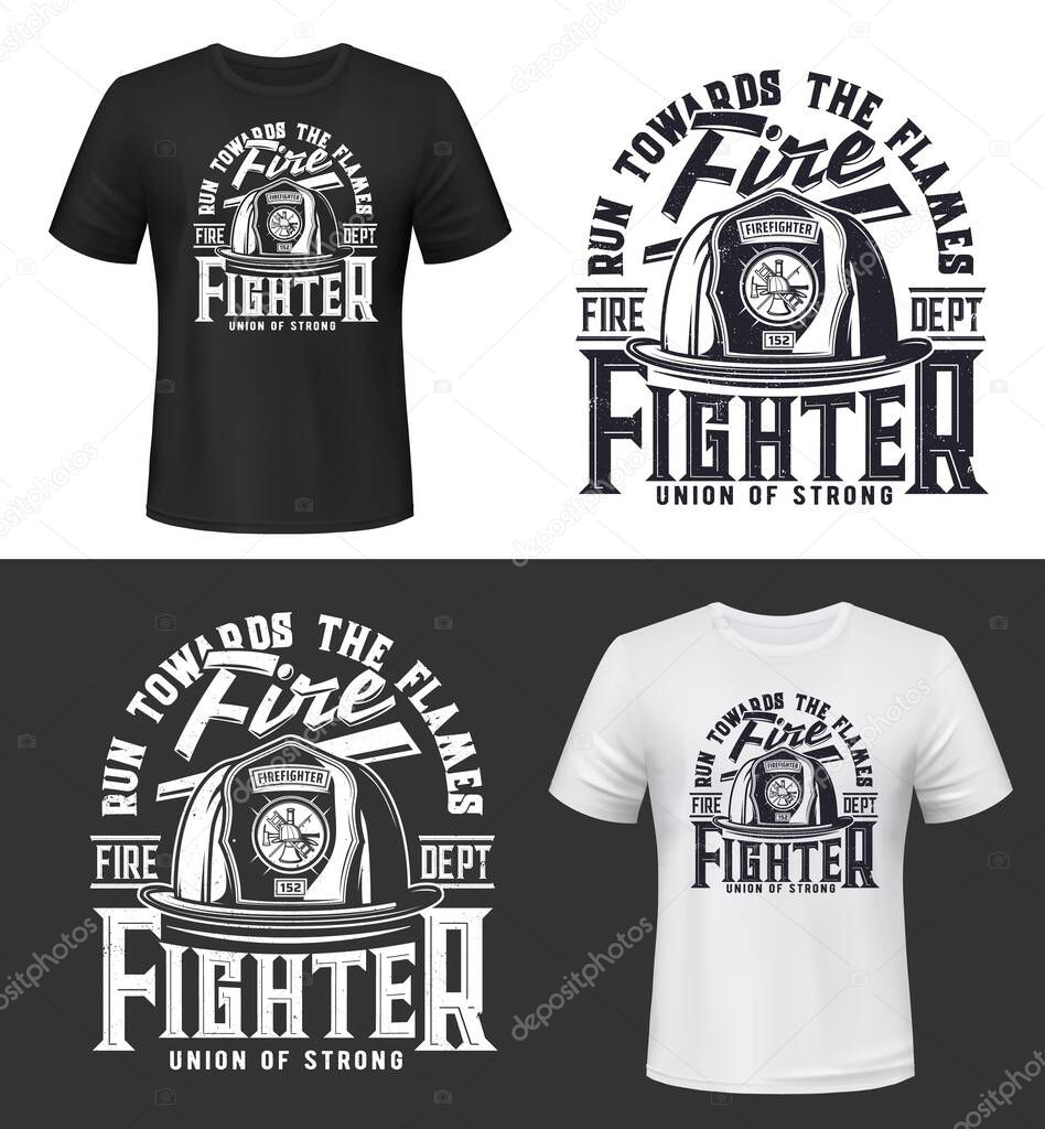 Tshirt print with firefighters helmet, ax, ladder and typography, vector apparel mockup. Fire department rescue team, emergency service black and white t shirt print design isolated label or emblem