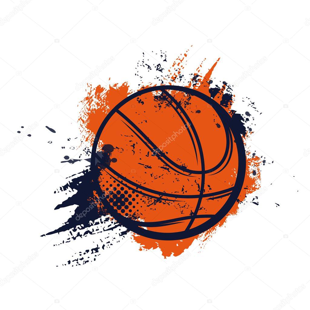 Basketball ball, sport basket and hoop streetball, vector banner or emblem. Basketball championship or sport club league and varsity team players sign of ball on halftone background