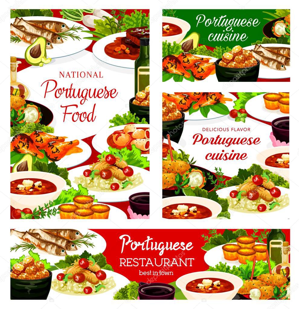 Portuguese cuisine dishes pasteh cakes, cod soup, pasteigi, fish croquettes, and jinia cherry liquor. Sardines, piri riri chicken and stewed chicken in wine with beef stew portugal food posters set