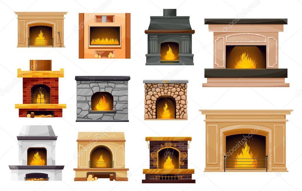 Fireplace and fire isolated icons, interior design