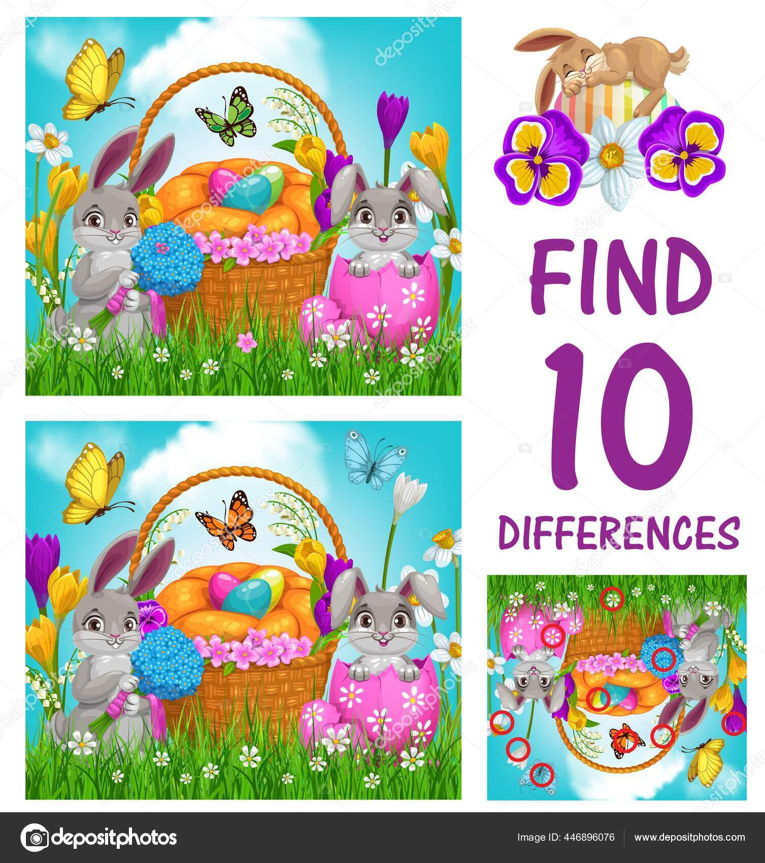 Kids Game Find Ten Differences Vector Template Easter Eggs Bunnies ...