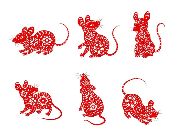 Conjunto Iconos Vectores Animales Ratón Zodiaco Chino Rata Lunar Año — Vector de stock