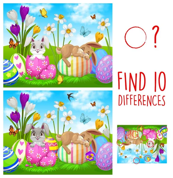 Kids Game Find Ten Differences Easter Rabbits Eggs Vector Puzzle — Stock Vector