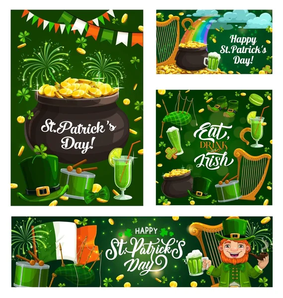 Letras Del Día San Patricio Símbolos Navideños Religión Irlandesa Fuegos — Vector de stock