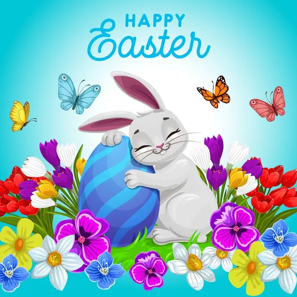 부활절 포스터에는 귀여운 토끼가 카툰으로 계란을 껴안고 잠자는 토끼와 꽃으로 — 스톡 벡터