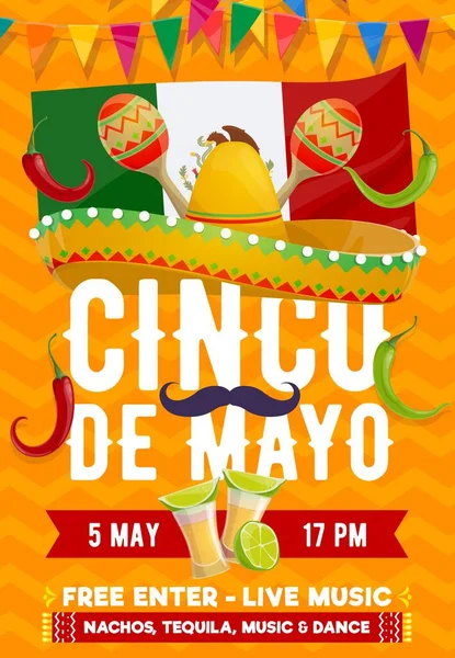 Cinco Mayo Vektorflyer Mexikanischer Sombrero Mit Schnurrbart Nationalflagge Tequila Shots — Stockvektor