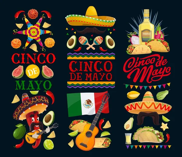 Cinco Mayo矢量图标Pinata 丁香花和意大利胡椒音乐家与胡子在Sombrero弹吉他 龙舌兰加石灰 国旗墨西哥食品和字母集 — 图库矢量图片