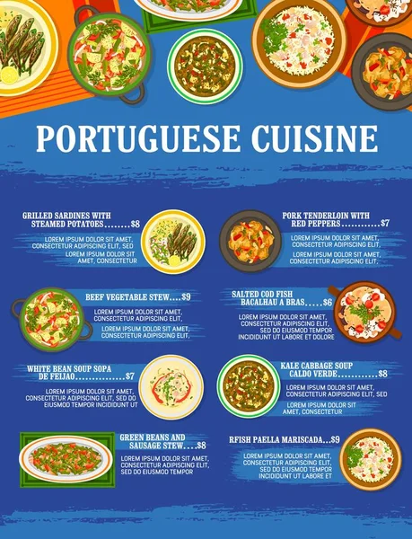 Portekiz Mutfağı Menü Şablonu Izgara Sardalya Sığır Eti Sosis Güveç — Stok Vektör