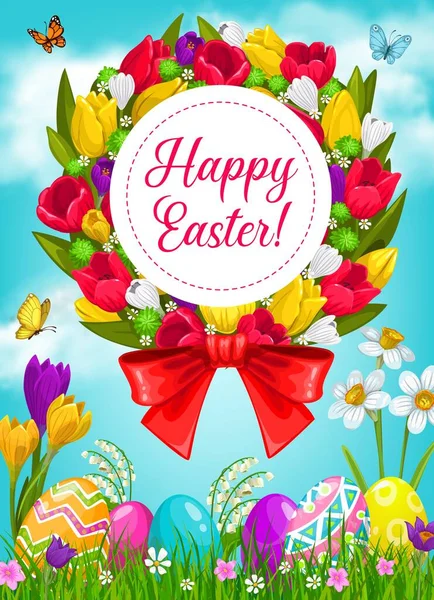 Paaseieren Bloemen Krans Religie Vakantie Vector Wenskaart Pasen Beschilderde Eieren — Stockvector