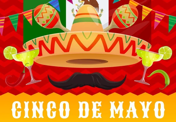 Chapéu Sombrero Com Vetor Férias Mexicano Cinco Maio Maracas Tequila — Vetor de Stock