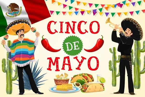 Cinco Mayo Fiesta Mariachi Mexické Jídlo Vektor Design Kreslení Hudebníci — Stockový vektor
