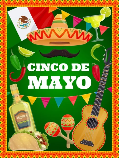 Cinco Mayo Vetor Tradicional Mexicana Símbolos Sombrero Chapéu Bigodes Guitarra — Vetor de Stock