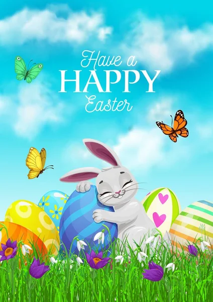 Happy Easter Holiday Cartoon Vector Poster Sleeping Bunny Hugging Painted — Stock Vector