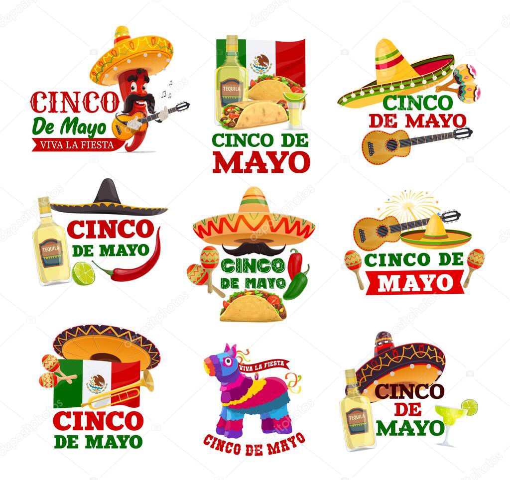 Cinco de Mayo y Viva México iconos aislados. Fiesta vectorial sombrereo