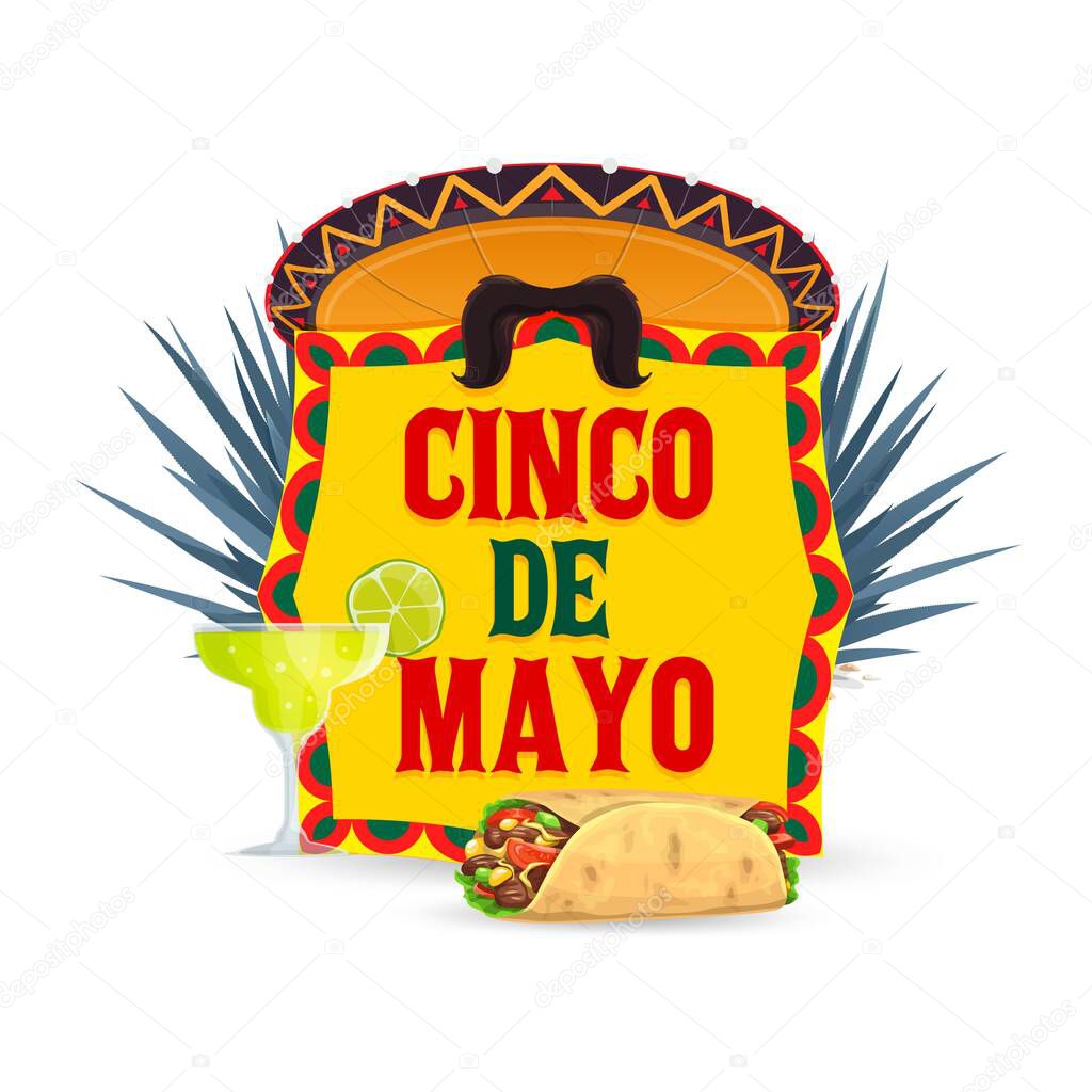 Cinco de Mayo vector icon with mexican sombrero hat, mustaches, tequila with lime and enchiladas with azul agave. Cartoon Cinco de Mayo traditional symbols with typography, isolated label or badge