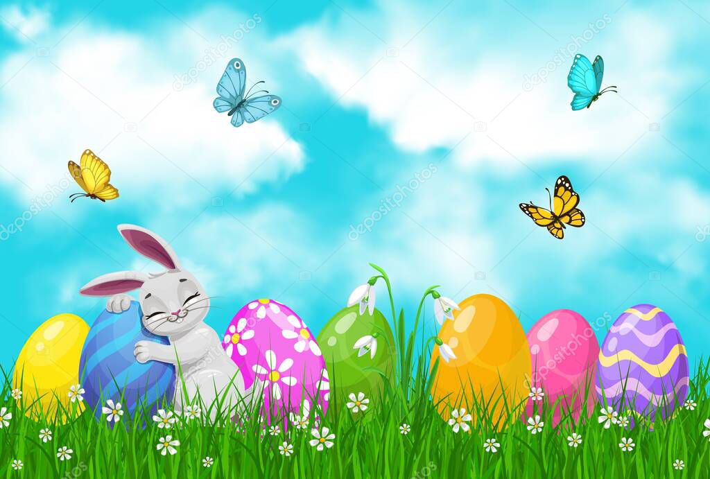 Easter egg hunt vector bunny or rabbit with eggs on spring grass field with green blades and blooming flowers, flying butterflies and blue sky. Religion holiday and Resurrection Sunday greeting card