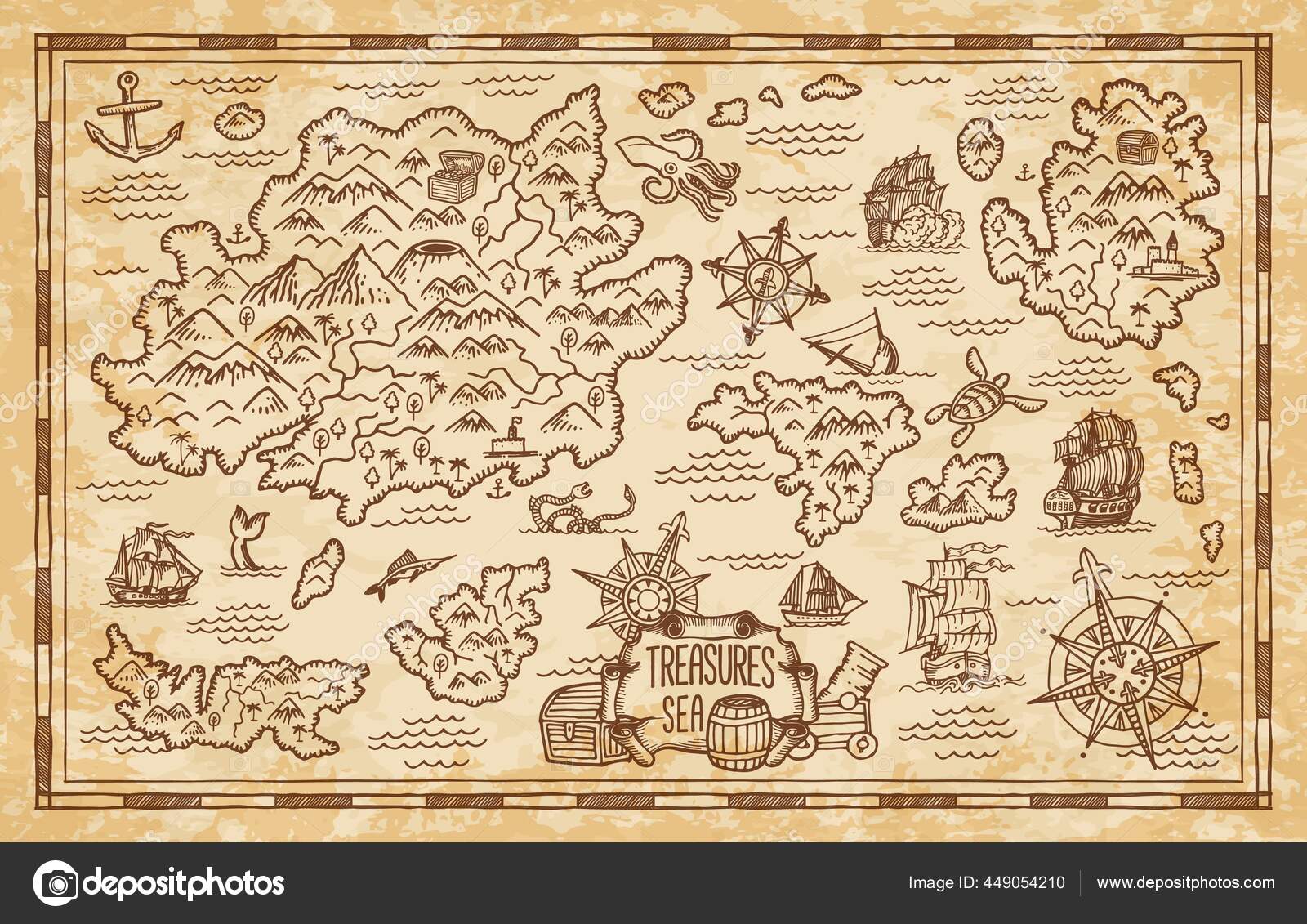 Mapa do Tesouro Design de padrão vetorial sem costura