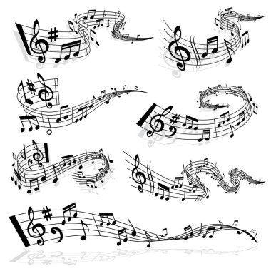 Notalı müzik dalgası ve personel satırı vektöründeki üç katlı anahtar sembolleri. Melodi ve ses akışı, ahenk ve parti hareketi konsepti. Müzik notaları beyaz arkaplanda kıvrılmış ve kıvrılmış