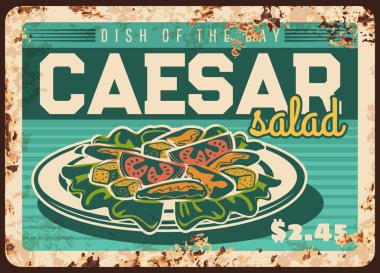 Sezar salatası paslı metal tabak, kafe ya da restoran için vektör fiyat etiketi, tavuk ve parmesanlı klasik yemek işareti. Sezar salatası retro posteri, restoran menüsü için acımasız fiyat etiketi.