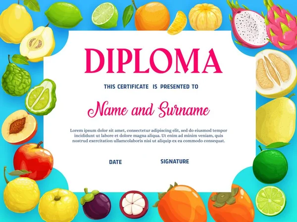 Diploma Escuela Educación Con Plantilla Vectores Frutas Tropicales Certificado Jardín — Archivo Imágenes Vectoriales