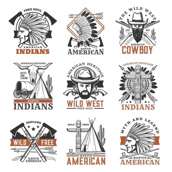 Wild West Cowboy Amerikaanse Indianen Iconen Indiase Krijger Met Oorlogsmutsen — Stockvector