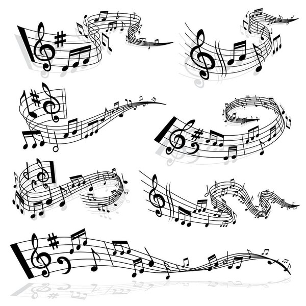Music wave with notes and treble clef symbols on staff lines vector. Melody and sound flow, sound harmony and party motion concept. Musical notes notations curved and swirled on white background