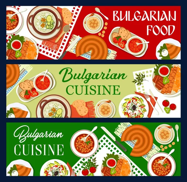 Bulgarian Cuisine Restaurant Meals Banners Pork Kebapche Yogurt Cucumber Cold — Stock Vector