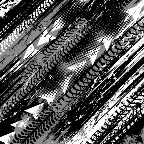 Отпечатки Внедорожных Гранж Шин Векторный Абстрактный Фон Монохромным Рисунком Ралли — стоковый вектор