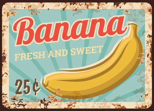 Bananenfrüchte Metall Rostige Platte Markt Lebensmittel Preisschild Vektor Retro Poster — Stockvektor