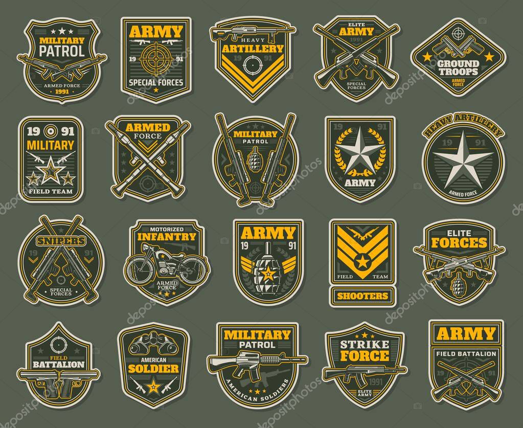 Army special forces, military specialists badges set. Artillery, snipers and infantry patrol emblems with service rifle, machine gun and rocket launcher, grenade, handgun and motorcycle vector