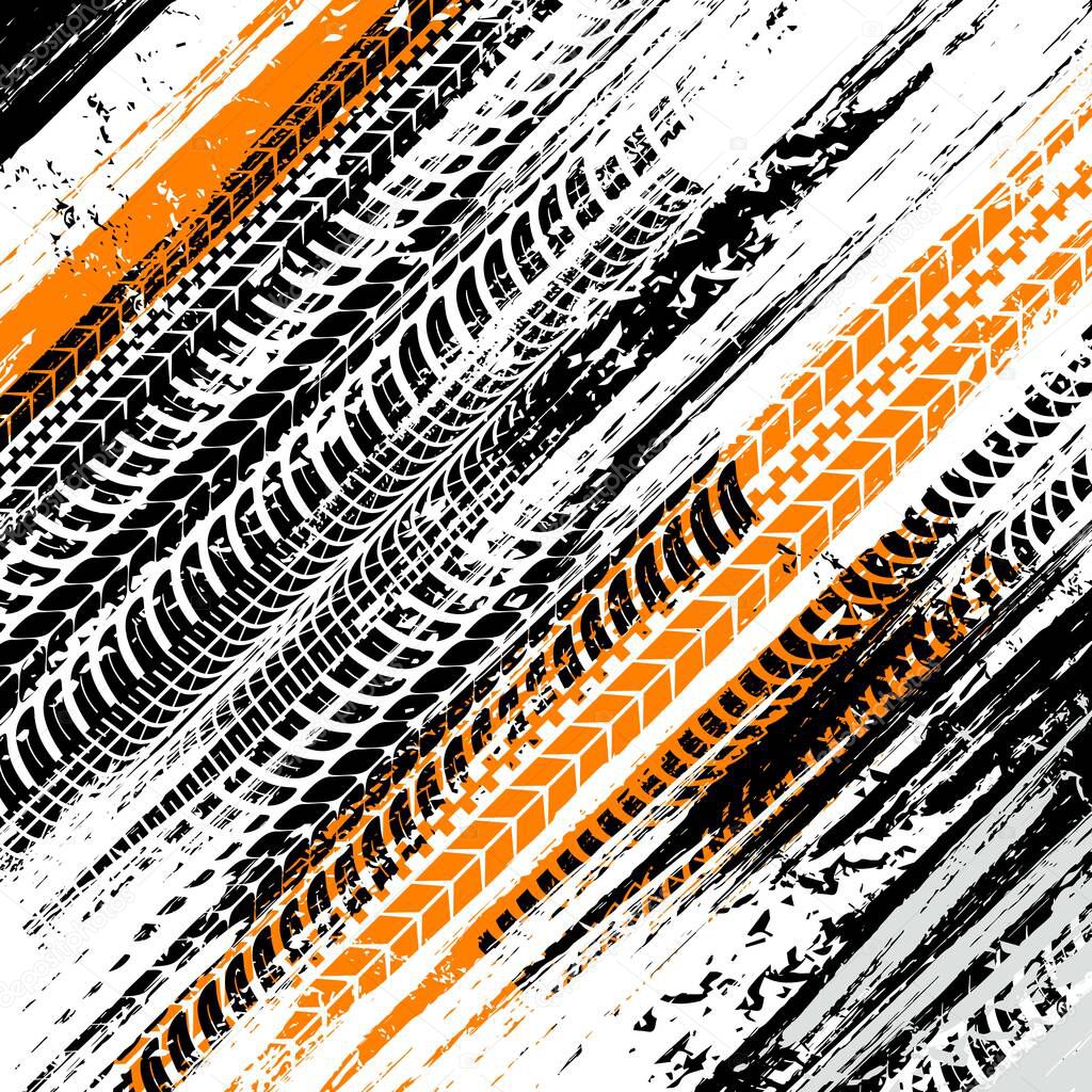 Offroad grunge tyre prints, vector abstract background with grungy diagonal pattern. Rally, racing dirty tires print, off road grungy trails texture for automobile service or racing tournament design,