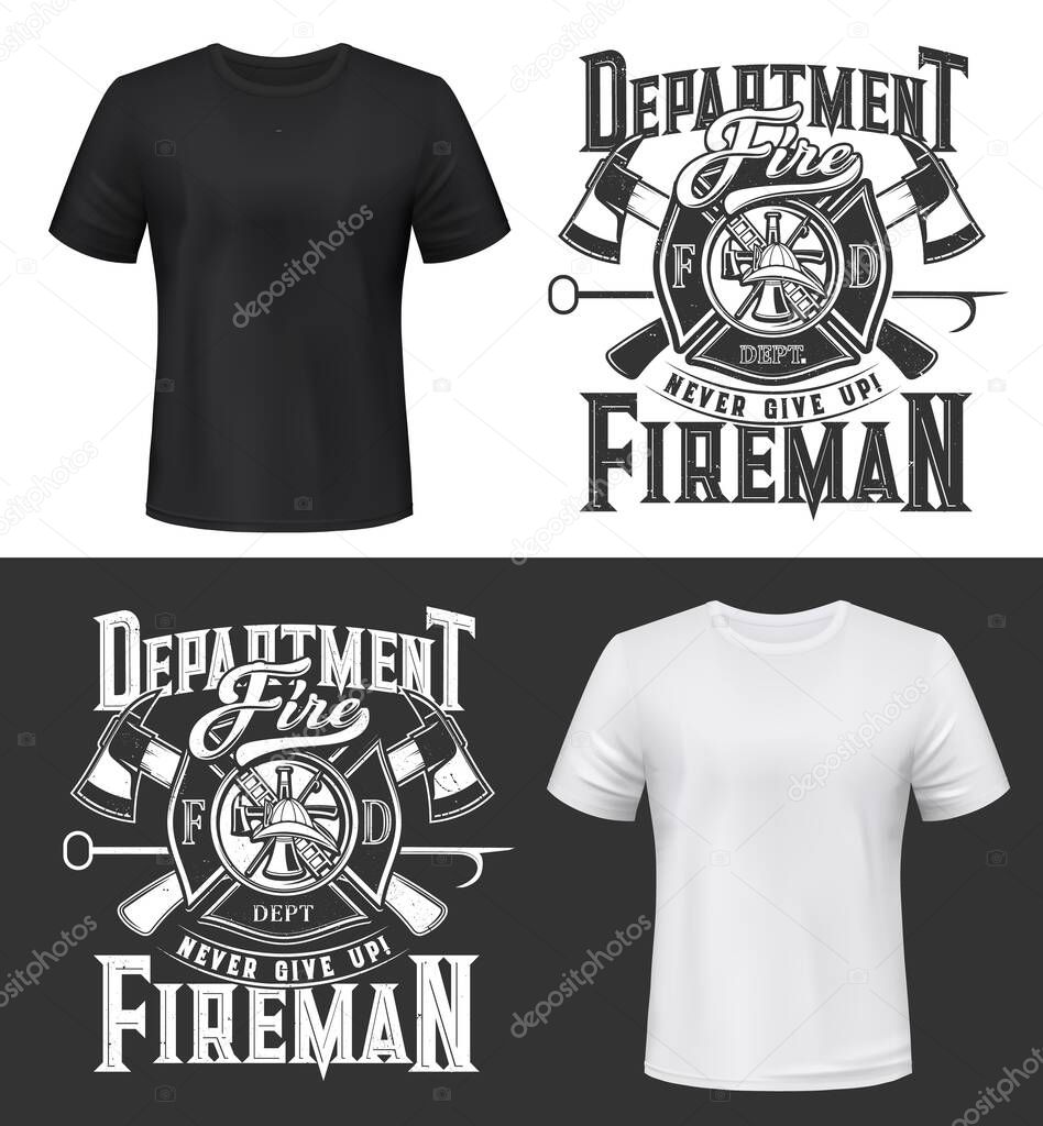 Tshirt print with firefighters helmet, ax, ladder and water tower, vector apparel mockup. Fire department rescue team emblem, emergency service monochrome t shirt print design or isolated label