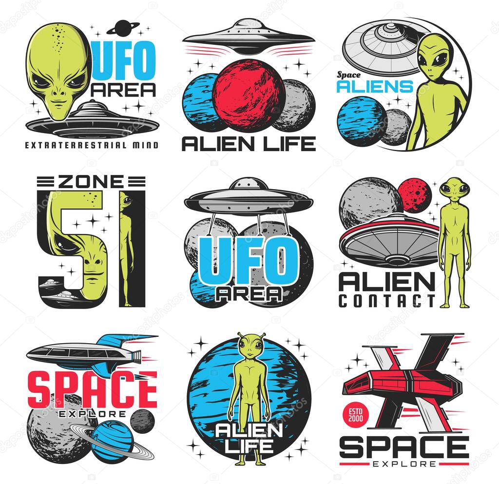 Aliens, ufo area and space shuttles vector retro icons. Extraterrestrial comer with green skin and huge eyes. Space exploration labels with spaceship in cosmos, saucers in sky, alien zone emblems set