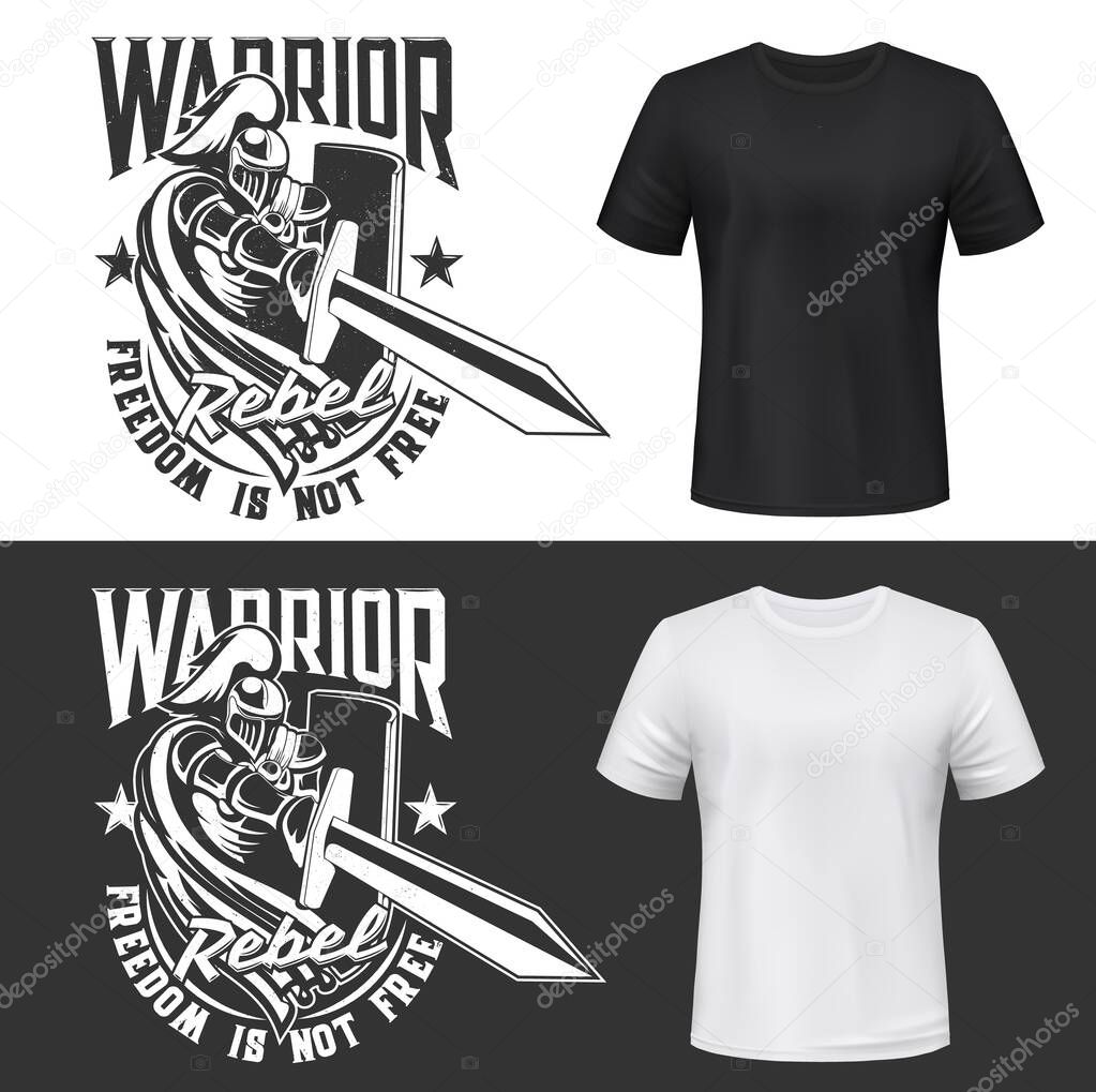 Tshirt print with knight and sword vector mockup, medieval warrior in helmet attack with shield. Monochrome apparel design warrior rebel typography, isolated t shirt print, fight club mascot label