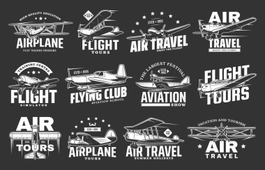 Uçak uçuş turları, uçak yolculuğu ve havacılık okulu, vektör ikonlar. Retro uçak turist uçuşları, havacılık şovu ve pilot havacılık akademisi amblemleri, uçuş sporları kulübü ve eğitim kursları