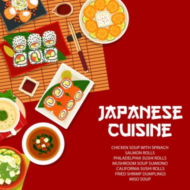 Japon mutfak vektörü California ya da Philadelphia suşisi ve somon rulosu, kızarmış karides köftesi, mantar çorbası sumonosu. Ispanaklı tavuk çorbası ve miso çorbası, Japon çizgi film afişi tasarımı.