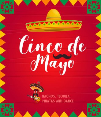 Cinco de Mayo vektör broşürü, Meksika biberli Meksika biberli Meksika biberi gitar çalan sombrero giyer. Karikatür davetiyesi Cinco de Mayo Fiesta bayramları için harflerle ve bıyıklarla