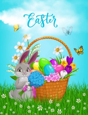 Çiçekli Paskalya sepeti, vektör boyalı yumurta ve kelebekli yeşil çimlerde buket tutan tavşan, bulutlu gökyüzü. Narcissus, crocus, tarlada tavşan olan bir karikatür. Mutlu Paskalya bayramı hediyeleri