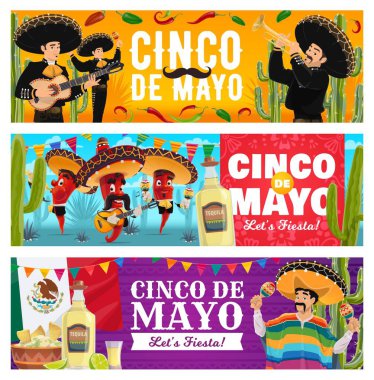 Cinco de Mayo bayram afişleri, Meksika Fiesta kutlama partisi, vektör geçmişi. Cinco de Mayo 5 Mayıs Meksika tatil sombrerosu, kaktüs ve Meksika bayrakları, geleneksel gitar, marakas ve tekila