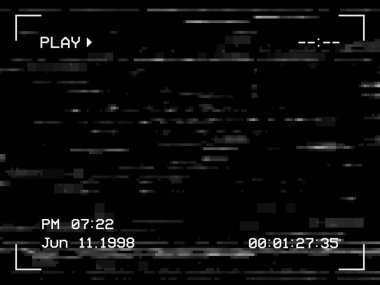Gürültü ve arıza TV ekranı arka planı, VHS video efekti, vektör oynat. Televizyon ekranındaki beyaz gürültü veya kamera görüntüleyici çerçeve, dijital piksel statik hatası, hatalı kaset bozulması