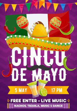 Meksika bayramının Cinco de Mayo fiesta parti vektör posteri. Sombrero şapkası, marakas, kırmızı kırmızı biber ve Meksika bayrağı, bıyık, tekila, limon ve jalapeno kiraz çiçekli, davetiye tasarımı
